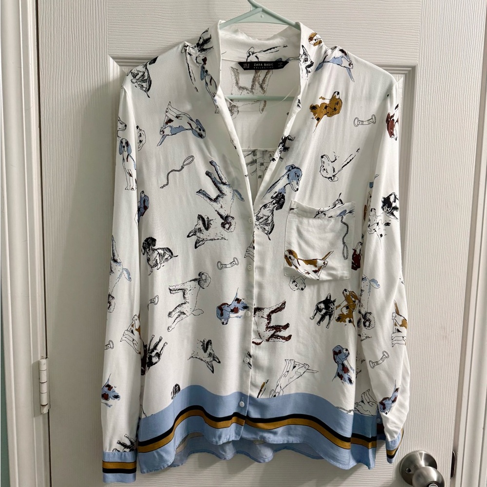 Zara White Blouse with Blue and Brown Accents